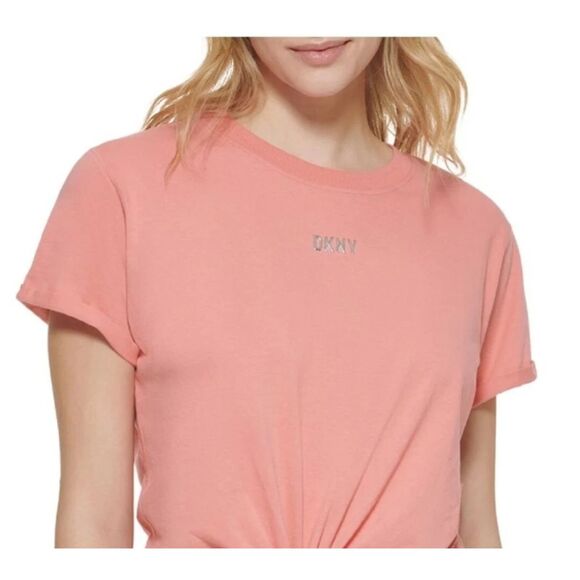 Dkny Sport Women's Knot-Front Metallic Logo T-Shirt Peach Size‎ Med NWT - Picture 2 of 3